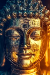 Poster - Elegant golden Buddha sculpture captured in vibrant light exuding peace and tranquility for a serene atmosphere : Generative AI