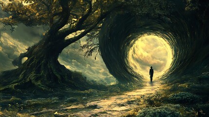 Poster - Enchanting surreal landscape featuring a path leading to a swirling portal amidst mythical trees and clouds : Generative AI