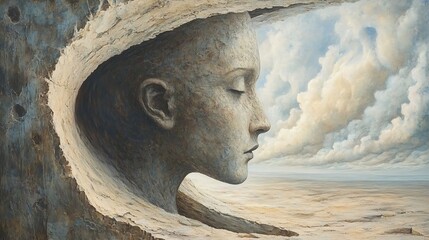 Poster - Detailed Wall Sculpture of a Serene Face Emerging from a Textured Background with Clouds : Generative AI