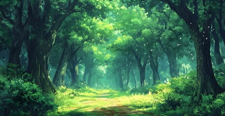 Poster - Vibrant Green Woodland Trail with Lush Foliage and Soft Sunlight Filtering Through : Generative AI