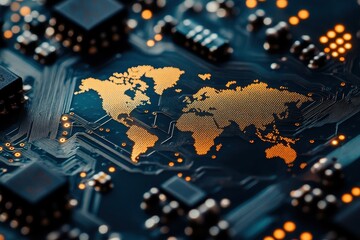 Poster - World map etched onto a circuit board, glowing orange, detailed lines. Illustrates global connectivity, technology's worldwide reach, and digital networking.