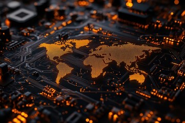 Poster - World map illuminated on circuit board, glowing nodes depict global connectivity. Illustrates global network, digital technology, and worldwide communication.