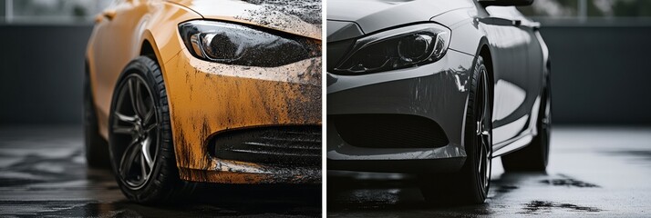 Poster - Comparison of dirty scratched car and shiny polished vehicle showcasing vehicle maintenance differences. Generative AI