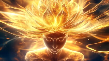 Aufkleber - Mesmerizing Portrait of a Luminescent Being Emitting Energy with Flowing Hair and Light : Generative AI