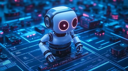 Leinwandbilder - Engaging digital close up of a futuristic robot typing on a computer interface with illuminated circuits : Generative AI
