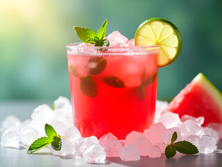Fototapete - Icy Watermelon Cooler: A crisp and hydrating watermelon cooler, served over crushed ice with a touch of lime and fresh mint. A perfect thirst-quencher for hot summer days. 