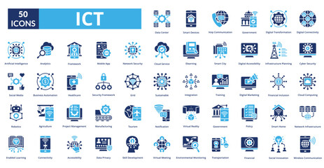 information and communication of technology (ict) fill icon collection set. includes technology, com