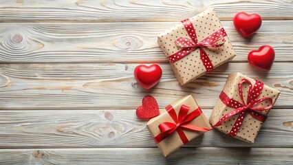 Wall Mural - A Festive Arrangement of Wrapped Presents and Decorative Hearts on a Wooden Surface