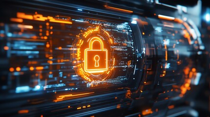 Fototapete - Digital Lock Symbol Surrounded by Glowing Data Streams in a Futuristic Technology Setting