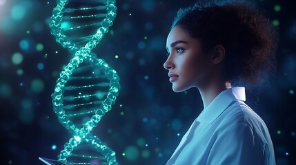 Poster - Determined female scientist examining DNA structure in a mesmerizing scientific environment : Generative AI