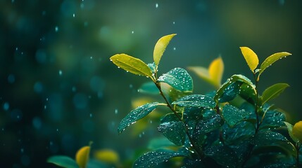 Aufkleber - Close-up of green leaves glistening with rain droplets emphasizing freshness and serenity in nature : Generative AI