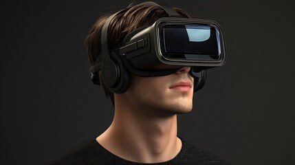 Aufkleber - Young man experiencing virtual reality with sleek black headset in immersive digital environment : Generative AI