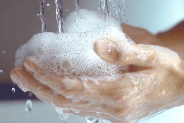 Person washing hands with soap under flowing water creating rich lather and bubbles for hygiene : Generative AI