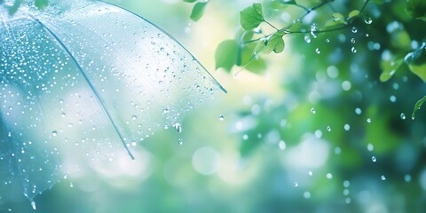 Aufkleber - Close up of a wet umbrella surrounded by greenery and water droplets in a serene nature setting : Generative AI