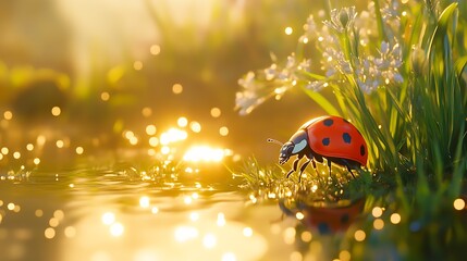 Poster - Engaging ladybug adorning the lush grass by a gently shimmering pond under the sun : Generative AI