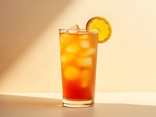 Fototapete - Passionfruit Iced Tea: A fragrant and fruity iced tea infused with passionfruit and a hint of orange, served in a tall glass with ice cubes and garnished with a slice of citrus.