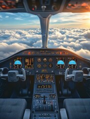 Fototapete - Cockpit view of an airplane flying above fluffy clouds during sunset. Generative AI