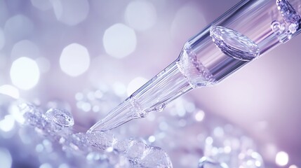 Fototapete - Close up view of a dropper dispensing liquid on a reflective surface with soft bokeh background : Generative AI