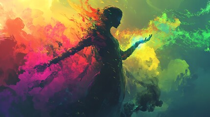 Poster - Colorful Silhouette of a Person Conjuring Vibrant Energy in an Abstract Landscape at Twilight