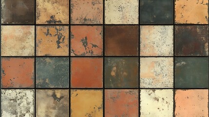 Poster - Artistic arrangement of aged square tiles with varied colors and textures creating a unique and vibrant wall display : Generative AI