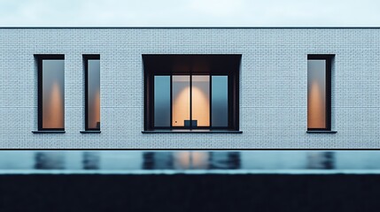 Poster - Contemporary facade of a modern building with large windows and subtle illumination : Generative AI