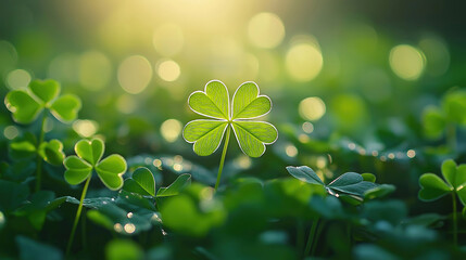 Wall Mural - Happy St Patrick’s Day with shamrocks and a four-leaf clover, celebrating Earth Day and the March