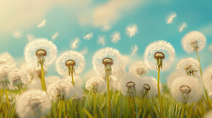 Wall Mural - close up of dandelions in vibrant field, showcasing their fluffy white seeds drifting in breeze, creating serene and dreamy atmosphere