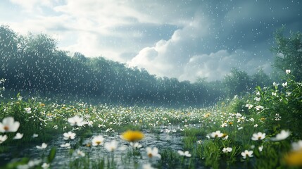 Poster - Beautiful Landscape of a Rainy Meadow Filled with Lovely Wildflowers Under Dramatic Clouds : Generative AI