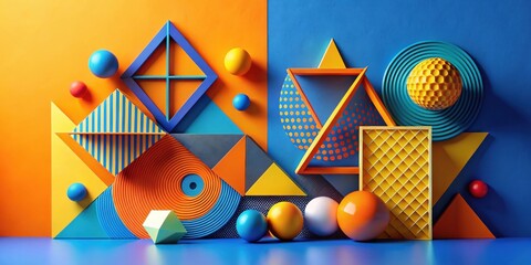 Wall Mural - Vibrant Geometric Composition Featuring Interlocking Shapes and Spheres in a Bold Color Palette