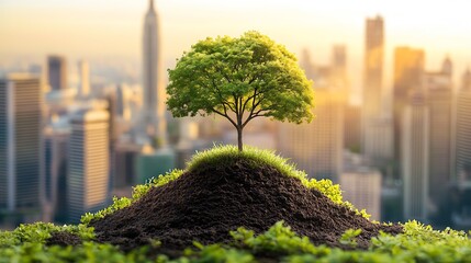 Poster - Lone tree growing from a mound of earth with vibrant city skyline in the background at sunset : Generative AI