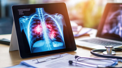 Poster - Medical examination of human lungs displayed on tablet with stethoscope and paperwork on wooden table in modern healthcare environment, showing respiratory health.