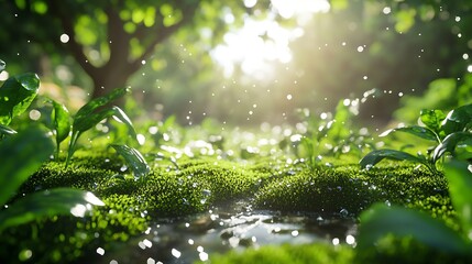 Poster - Serene Nature Landscape with Dewy Green Moss Under Sunlight Glowing in a Lush Forest : Generative AI