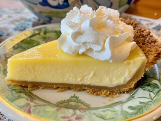 Wall Mural - Key Lime Pie Slice with Whipped Cream Topping on Floral Plate Close-Up