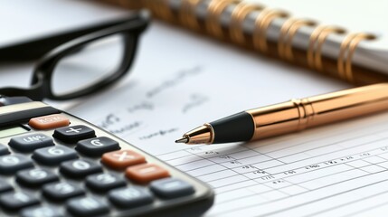 Poster - Close-Up View of a Calculator, Pen, and Notebook on an Office Desk for Financial Planning and Budget Management