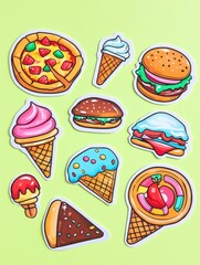 Poster - Playful food stickers featuring vibrant pizza slices and colorful desserts on a bright background. Generative AI