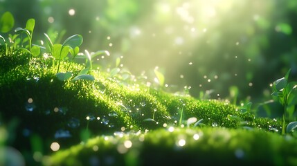 Fototapete - Lush greenery with sparkling droplets on young plants illuminated by soft sunlight in a tranquil environment : Generative AI
