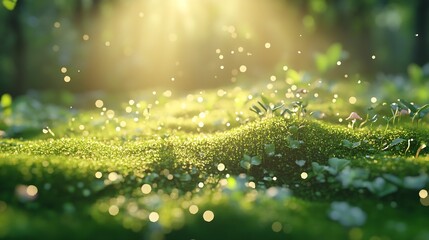 Poster - Sunlit Greenery with Glittering Dew Drops on Mossy Ground Surrounded by Fresh Flowers in Nature : Generative AI