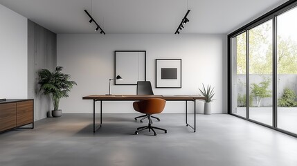 Poster - Modern Minimalist Office Interior Design Featuring Sleek Desk, Comfortable Chair, and Abundant Natural Light with Outdoor View and Indoor Plants