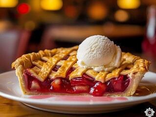 Wall Mural - Delicious Cherry Pie Slice Topped with Ice Cream, Served on White Plate