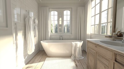 Wall Mural - Bright and Airy Bathroom Setting with Bathtub and Natural Light : Generative AI