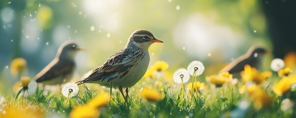 Aufkleber - Birds basking in sunlight surrounded by blooming dandelions and soft green grass creating a peaceful scene : Generative AI