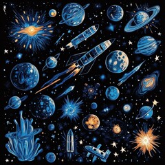 Aufkleber - Colorful space themed stickers featuring planets, rockets, and stars in vibrant designs creating a cosmic atmosphere. Generative AI