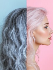 Poster - Transition from gray hair to vibrant pink color showcasing hair transformation with space for additional text. Generative AI
