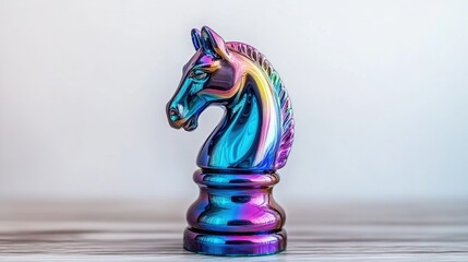 Iridescent chess knight on wood, neutral background; strategy concept