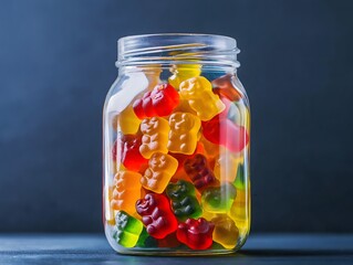 Wall Mural - Colorful gummy bear candies in a glass jar against a dark blue background