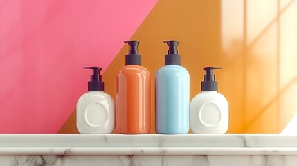 Aufkleber - Assorted colorful bottles for cosmetic products arranged on a stylish shelf with modern design : Generative AI