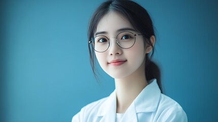Poster - Smiling young female researcher in a laboratory setting with a blue background and white coat : Generative AI