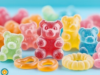 Wall Mural - Colorful Gummy Bears and Rings Candy on Blue Background Sweet Treat