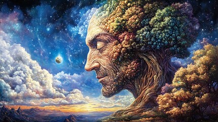 Leinwandbilder - Masterful blend of nature and humanity represented by a human face merging with trees and colorful landscapes : Generative AI