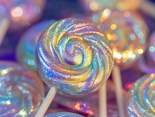 Wall Mural - Iridescent Swirl Lollipop with Bokeh Lights - Festive Treat Close-up